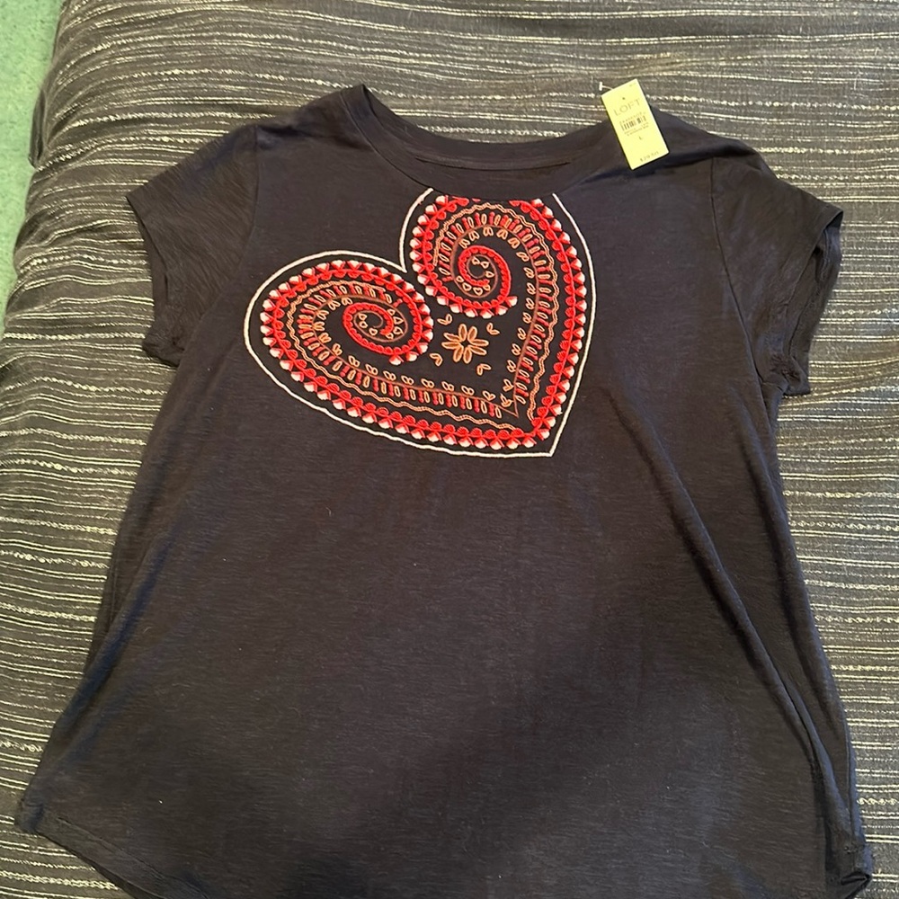 Navy blue with embroidered heart short sleeve shirt. New with tag